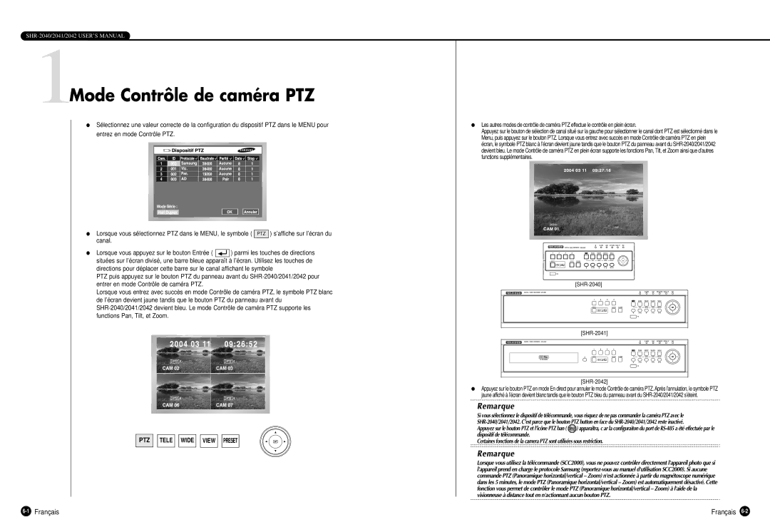 Samsung SHR-2040P manual 1Mode Contrôle de caméra PTZ, PTZ Tele Wide View Preset 