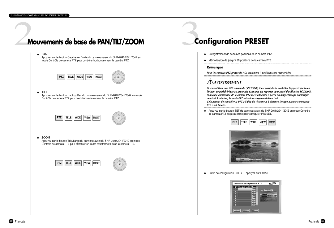 Samsung SHR-2040P manual 2Mouvements de base de PAN/TILT/ZOOM, 3Configuration Preset 