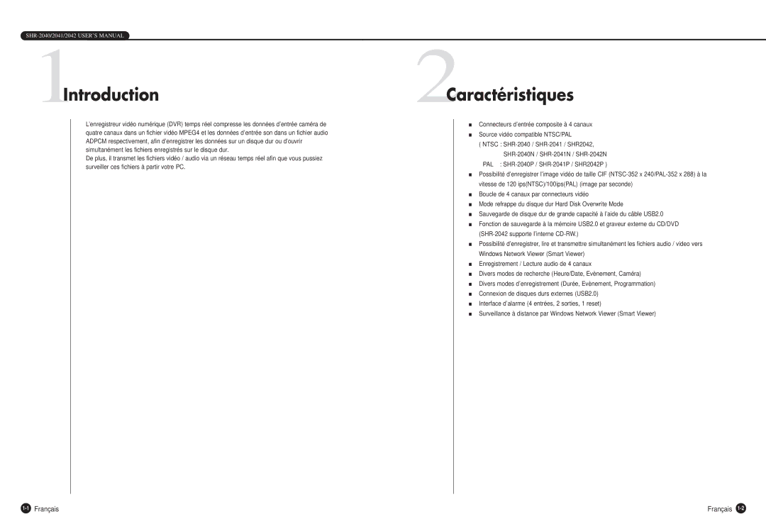 Samsung SHR-2040P manual 1Introduction, 2Caractéristiques, 1Français 