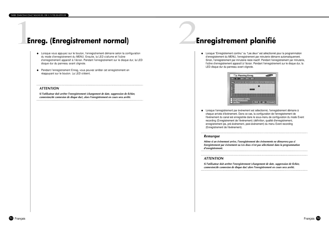 Samsung SHR-2040P manual 1Enreg. Enregistrement normal, 2Enregistrement planifié 