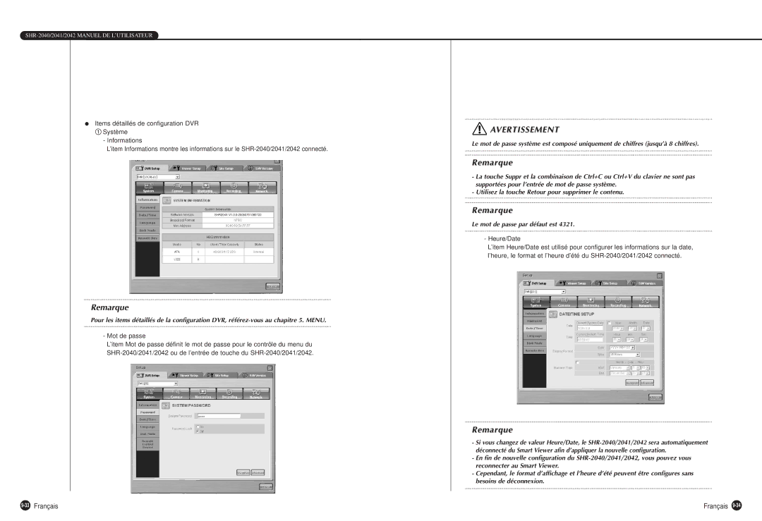 Samsung SHR-2040P manual 33Français, Mot de passe, Heure/Date 