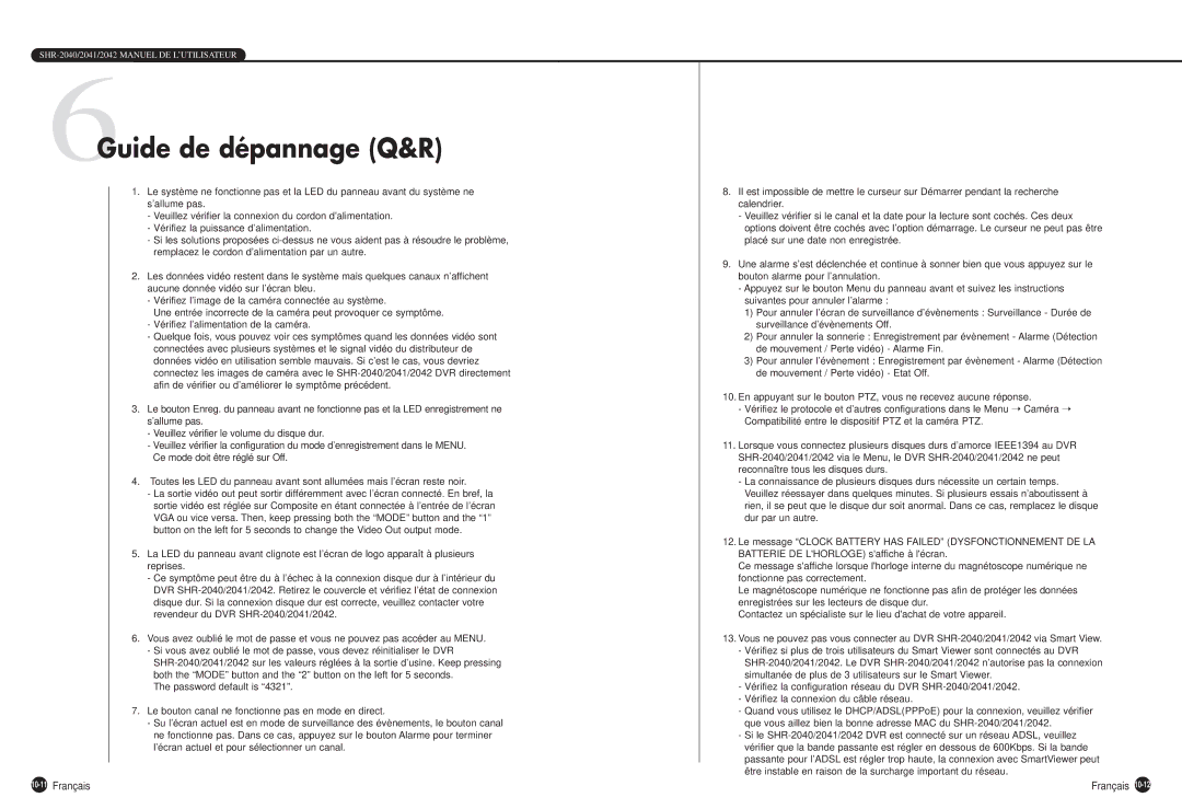 Samsung SHR-2040P manual 6Guide de dépannage Q&R, 10-11Français 