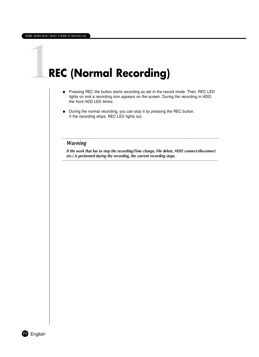 Samsung SHR-2041 user manual 1REC Normal Recording, 1English 