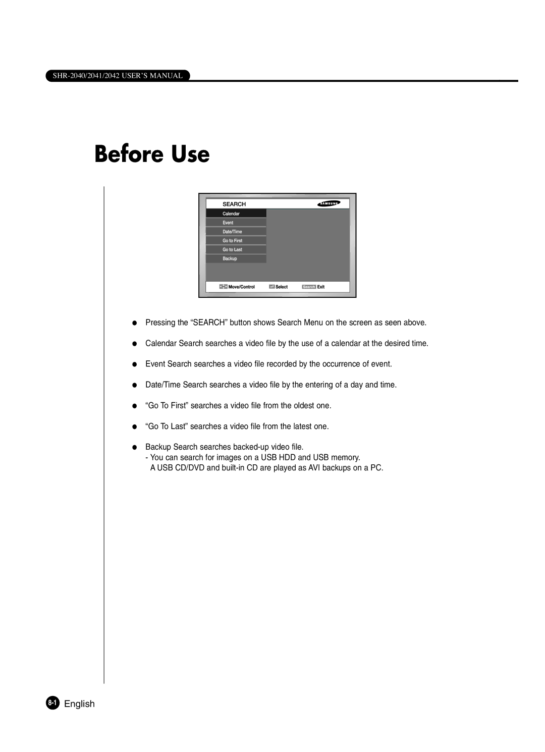 Samsung SHR-2041 user manual Before Use 