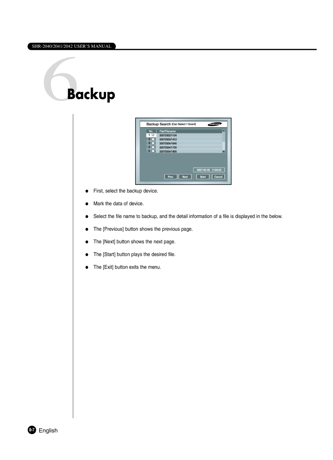 Samsung SHR-2041 user manual 6Backup, 7English 