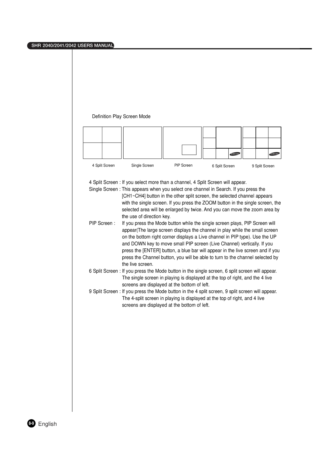 Samsung SHR-2041 user manual Definition Play Screen Mode 