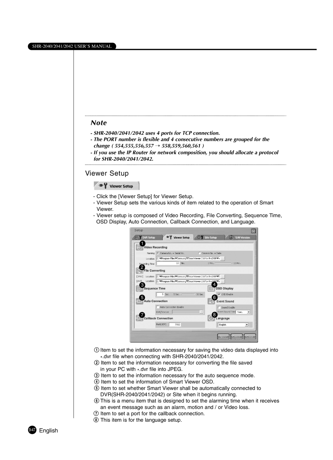 Samsung SHR-2041 user manual Viewer Setup, 47English 