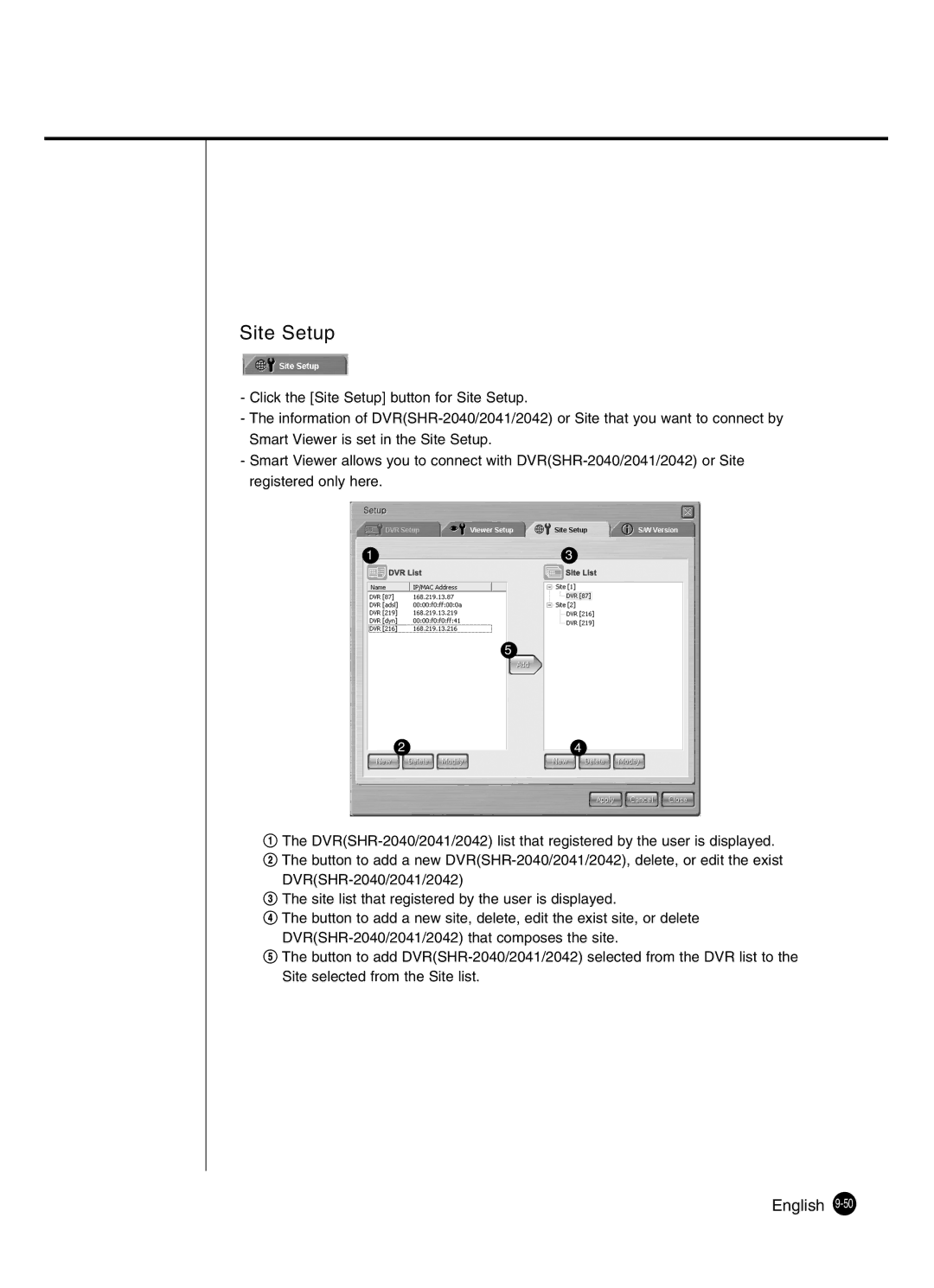 Samsung SHR-2041 user manual Site Setup 