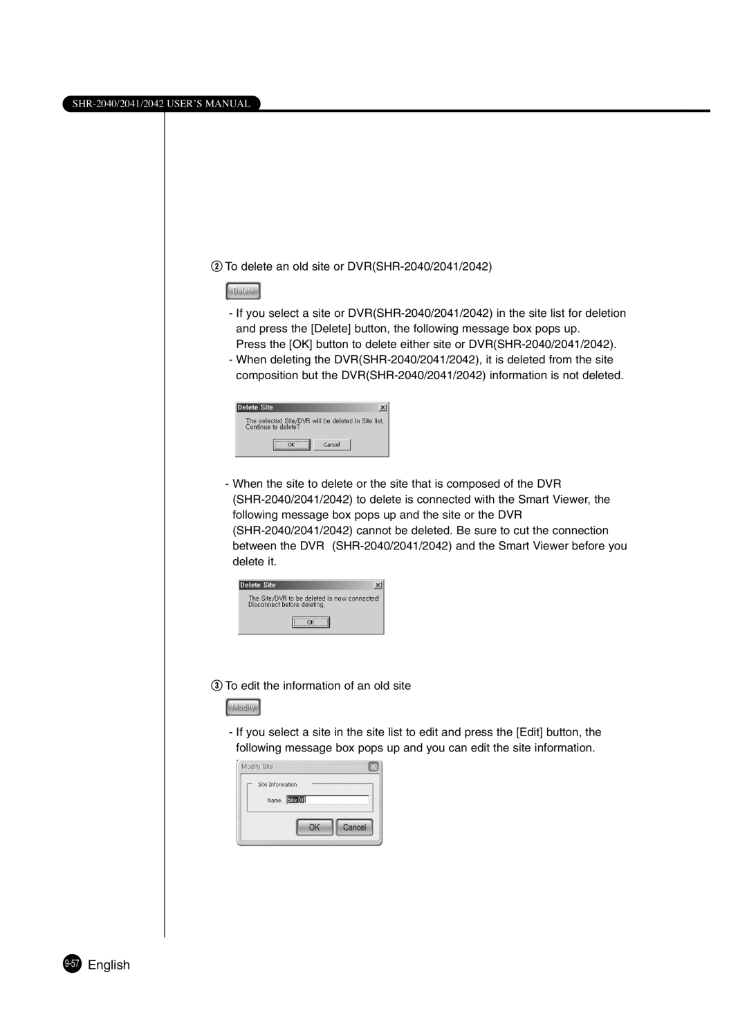 Samsung SHR-2041 user manual 57English, @ To delete an old site or DVRSHR-2040/2041/2042 