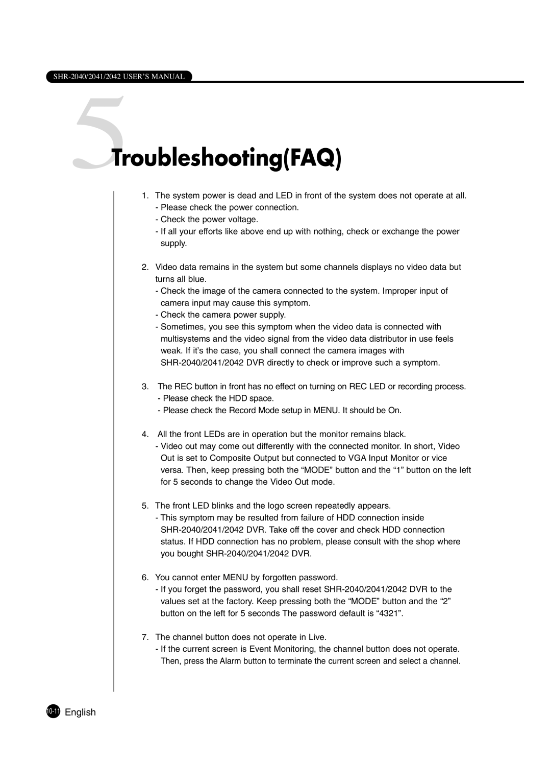 Samsung SHR-2041 user manual 5TroubleshootingFAQ, 10-11English 