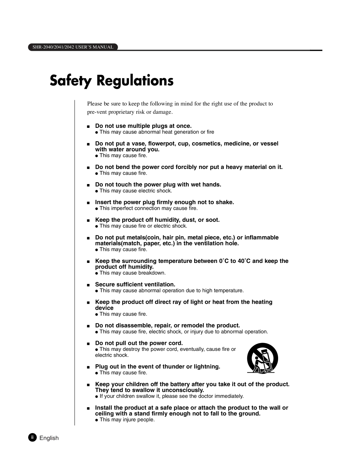 Samsung SHR-2041 user manual Safety Regulations, Ii English 