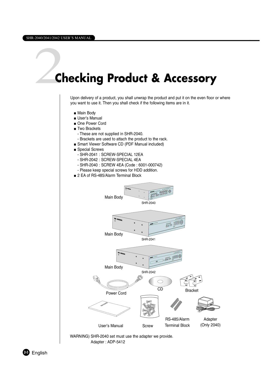 Samsung user manual 2Checking Product & Accessory, SHR-2041 SCREW-SPECIAL 12EA SHR-2042 SCREW-SPECIAL 4EA 