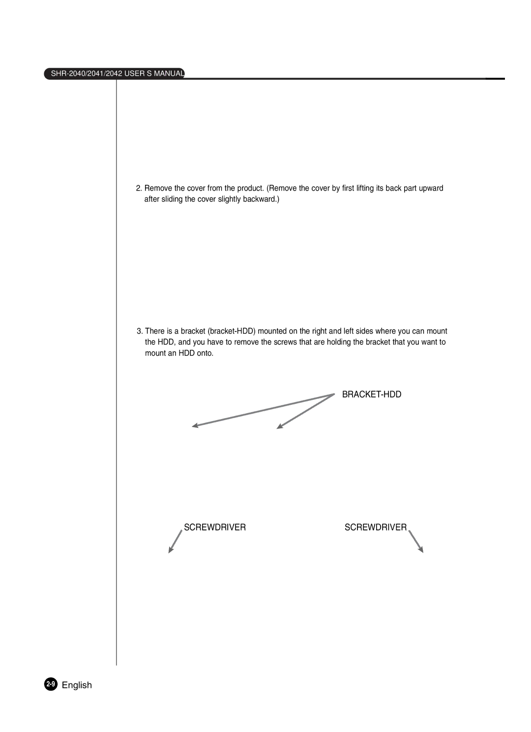 Samsung SHR-2041 user manual BRACKET-HDD Screwdriverscrewdriver, 9English 