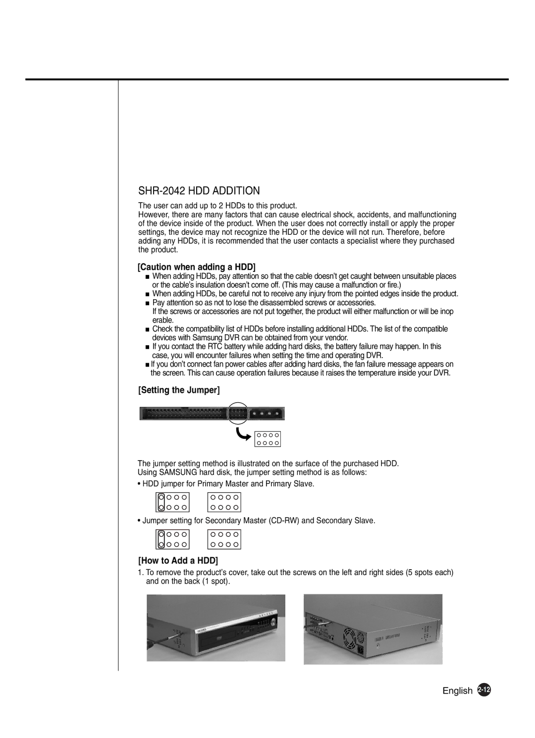 Samsung SHR-2041 user manual SHR-2042 HDD Addition 