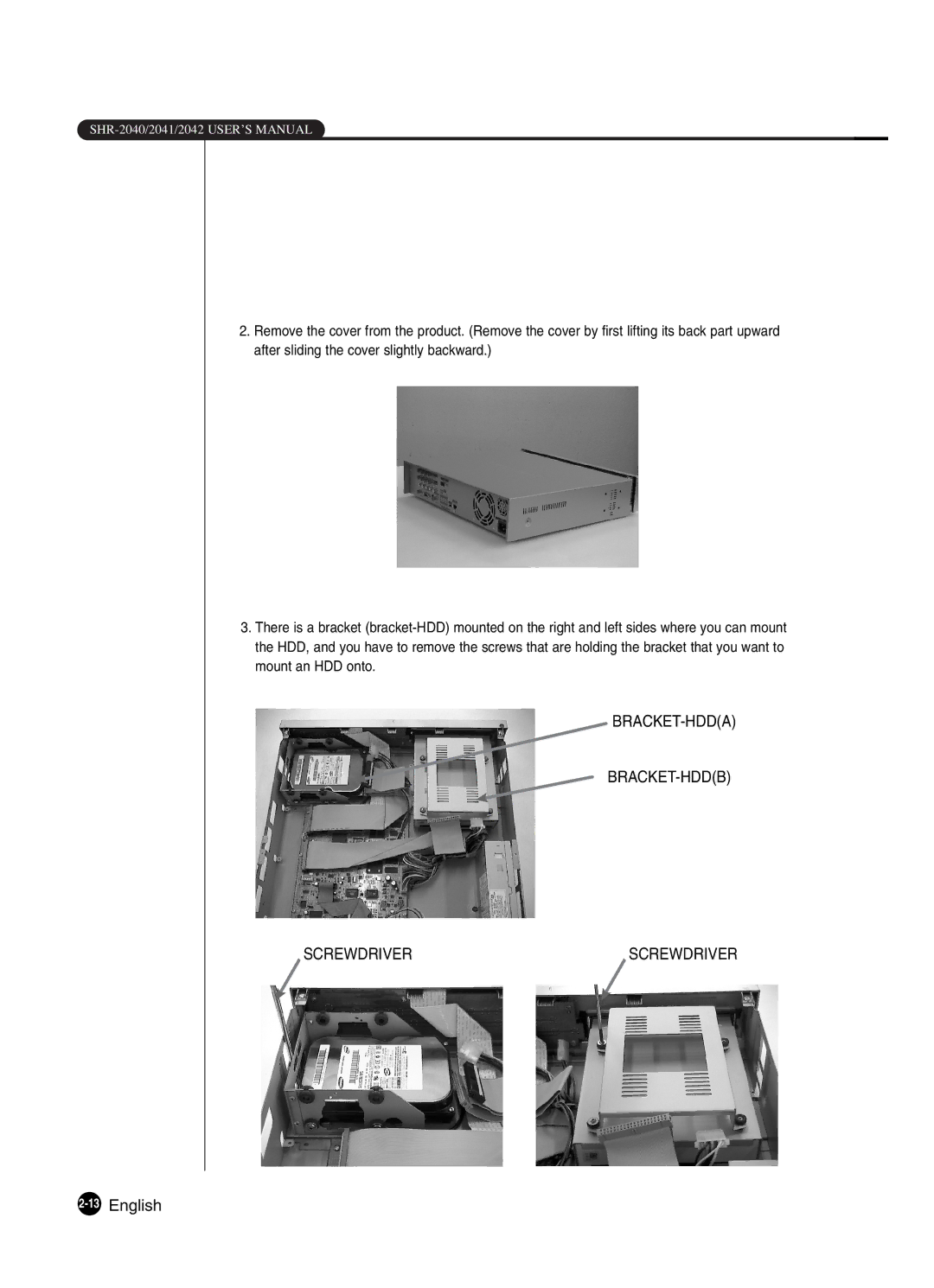 Samsung SHR-2041 user manual BRACKET-HDDA BRACKET-HDDB Screwdriver, 13English 