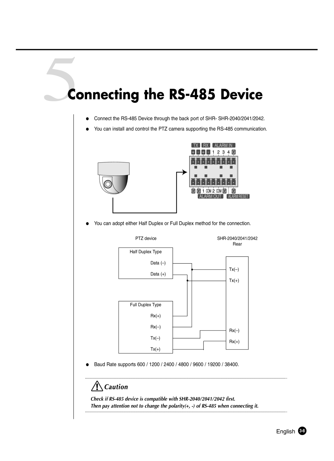 Samsung SHR-2041 user manual 5Connecting the RS-485 Device 