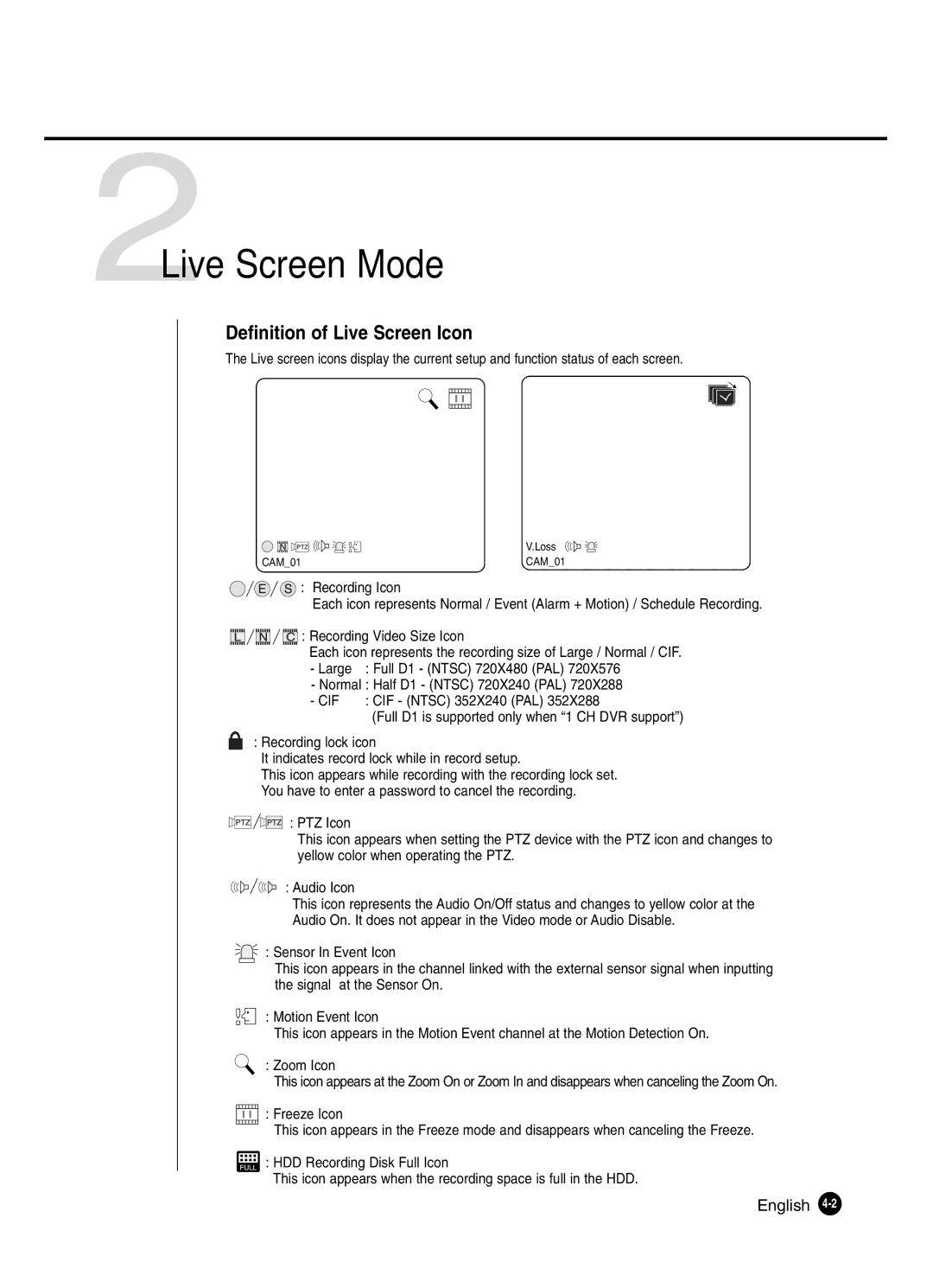 Samsung SHR-2041 user manual 2Live Screen Mode, Definition of Live Screen Icon 