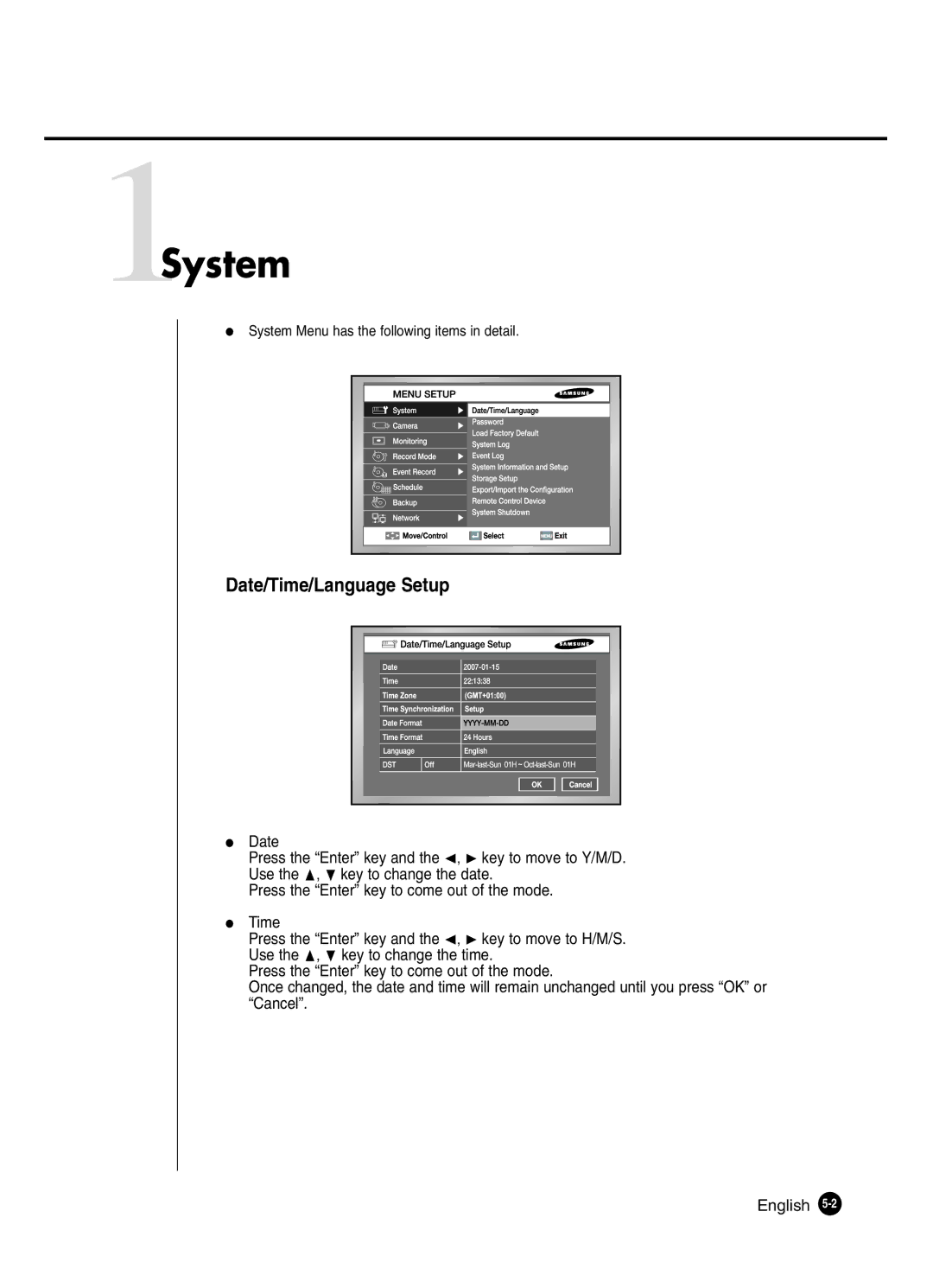 Samsung SHR-2041 user manual 1System, Date/Time/Language Setup 