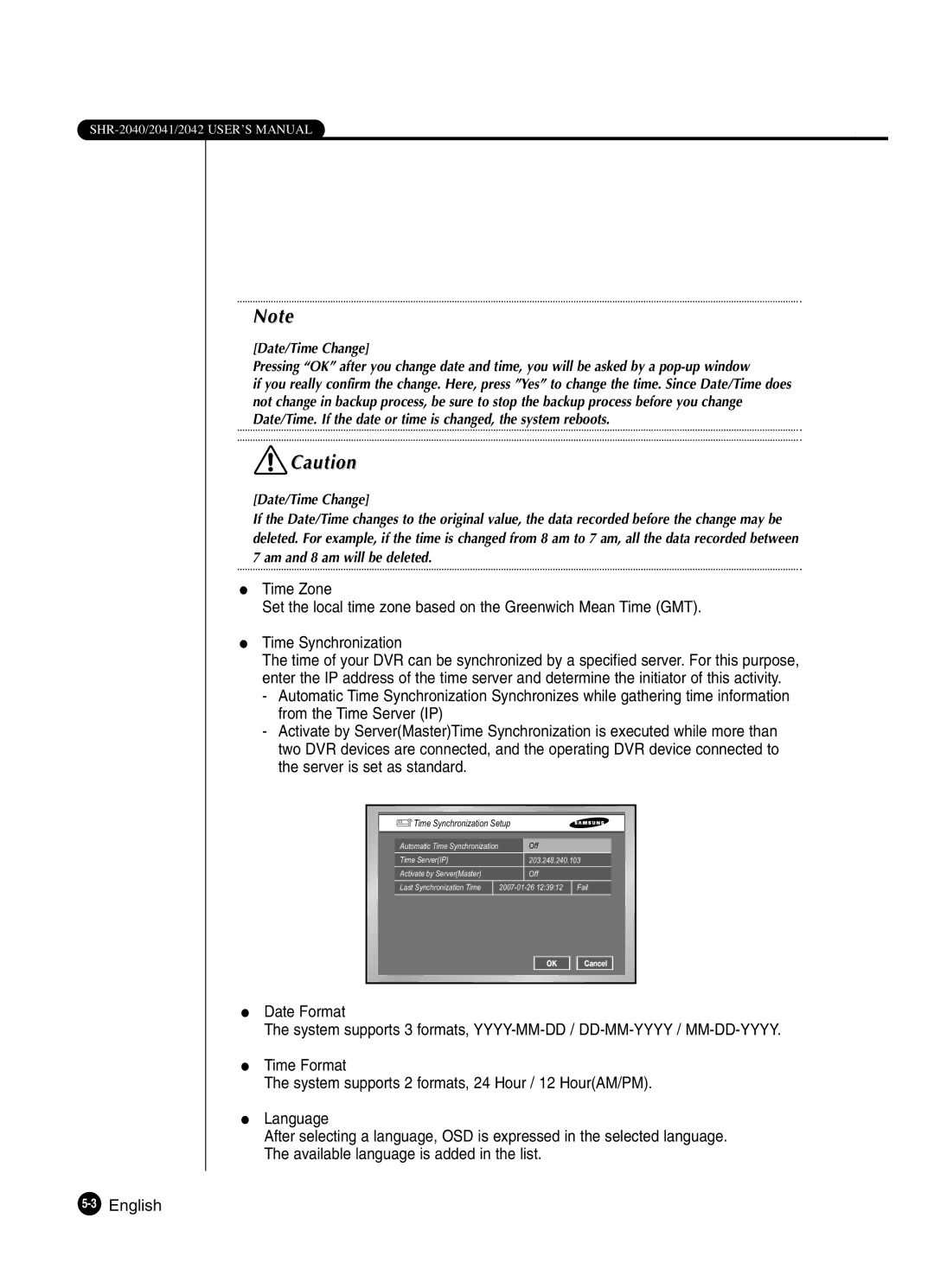 Samsung SHR-2041 user manual Time Synchronization Setup 