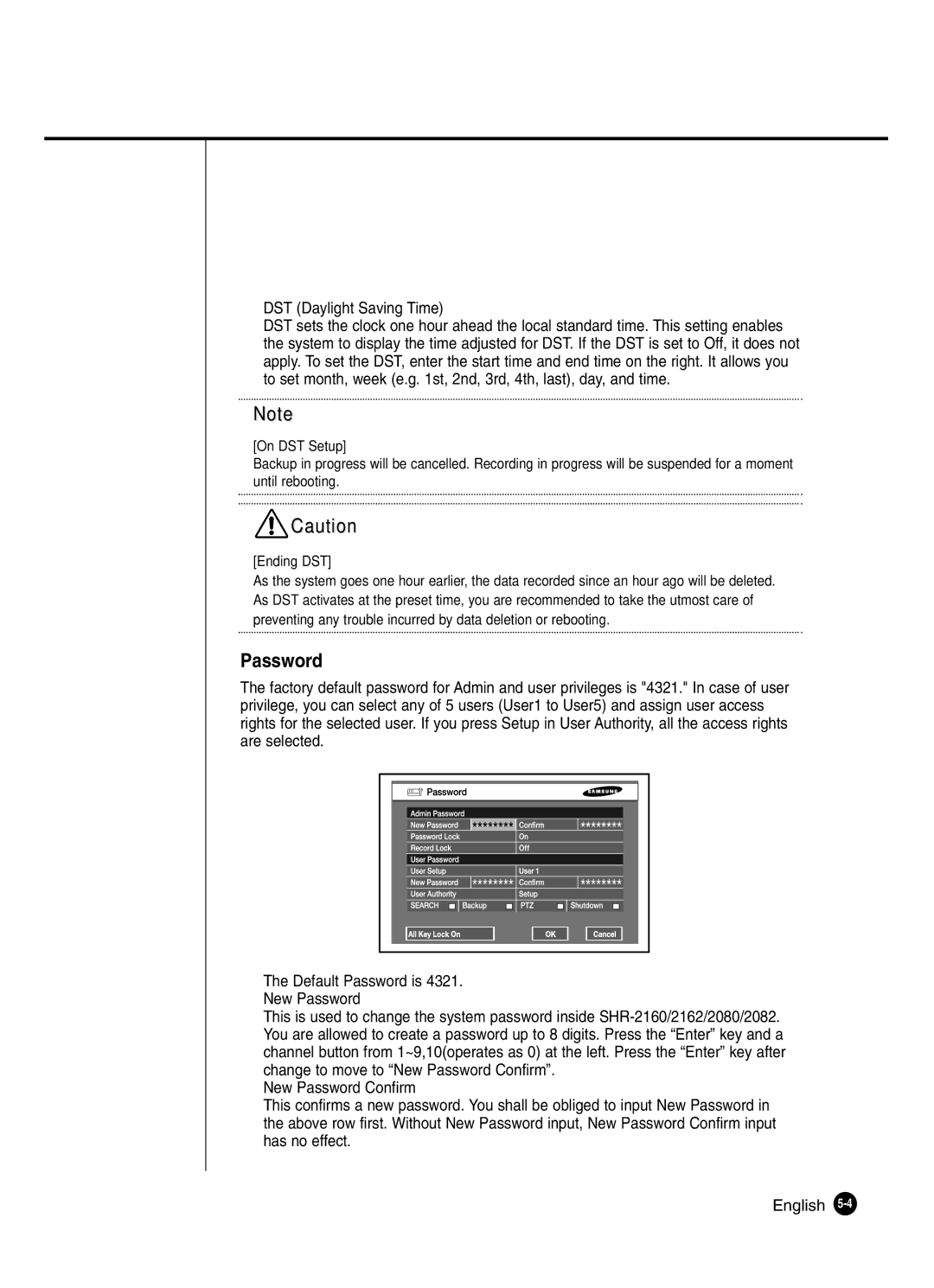 Samsung SHR-2041 user manual Password, DST Daylight Saving Time 