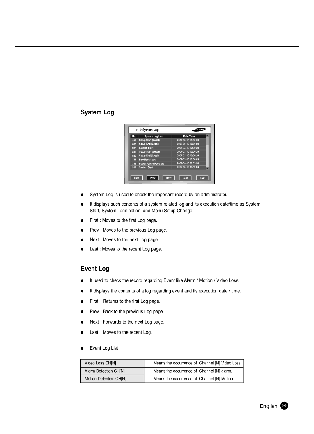 Samsung SHR-2041 user manual System Log, Event Log 