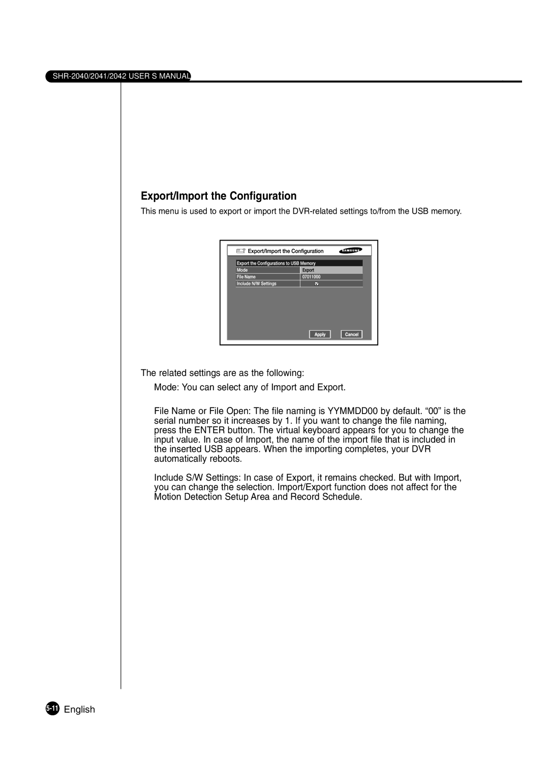 Samsung SHR-2041 user manual Export/Import the Configuration 