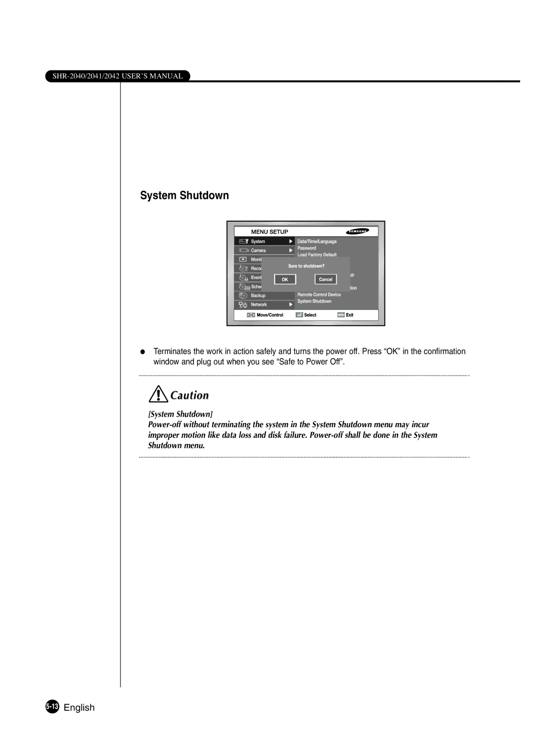 Samsung SHR-2041 user manual System Shutdown, 13English 