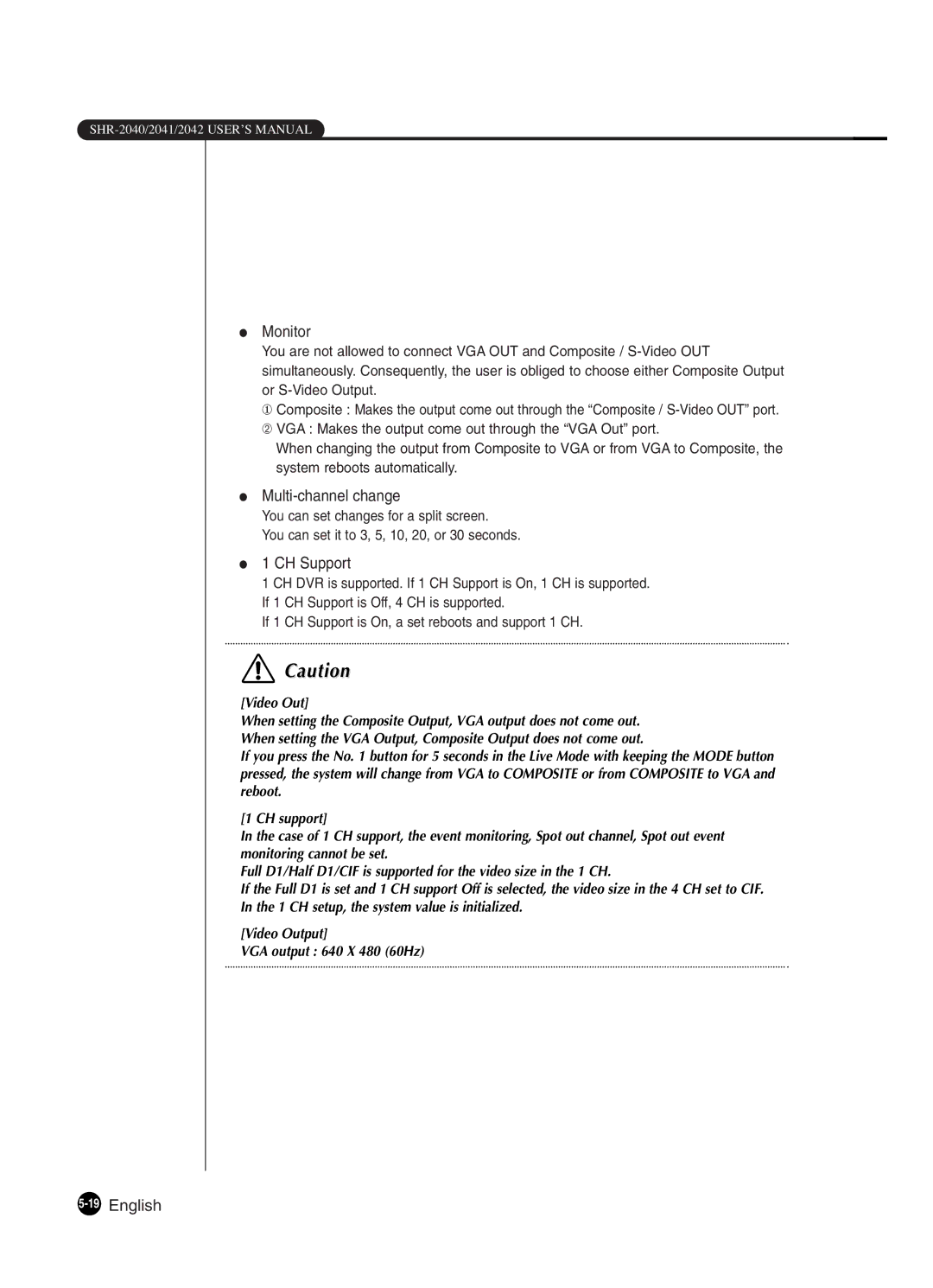 Samsung SHR-2041 user manual Monitor, Multi-channel change, CH Support, 19English 