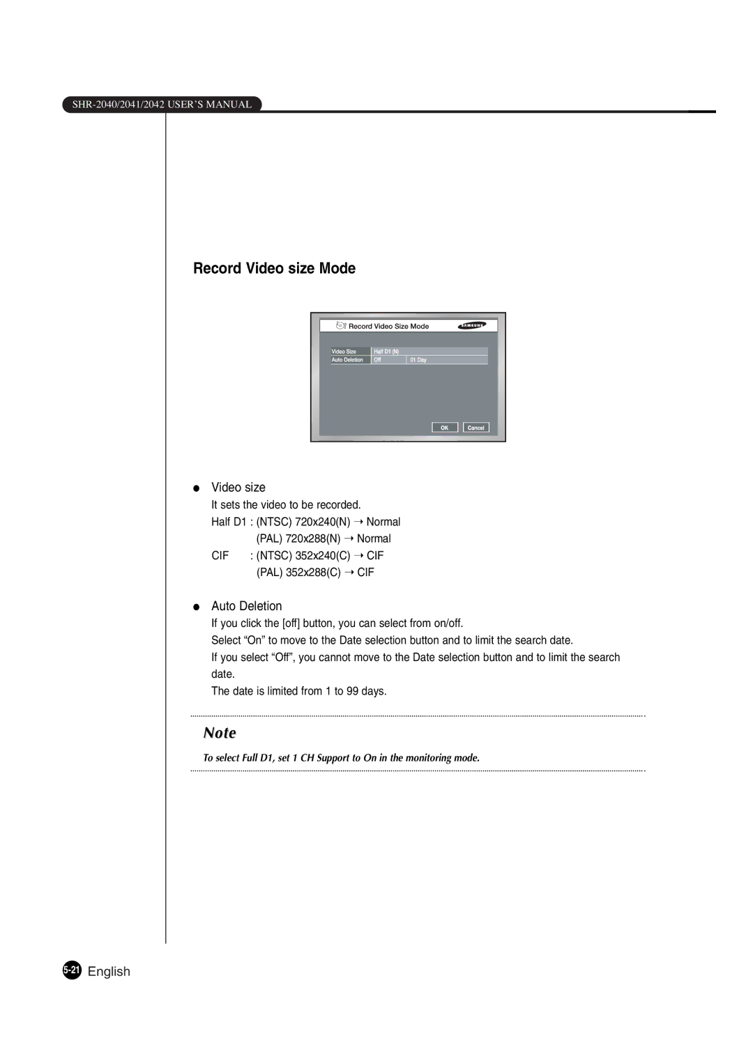 Samsung SHR-2041 user manual Record Video size Mode, Auto Deletion, 21English 