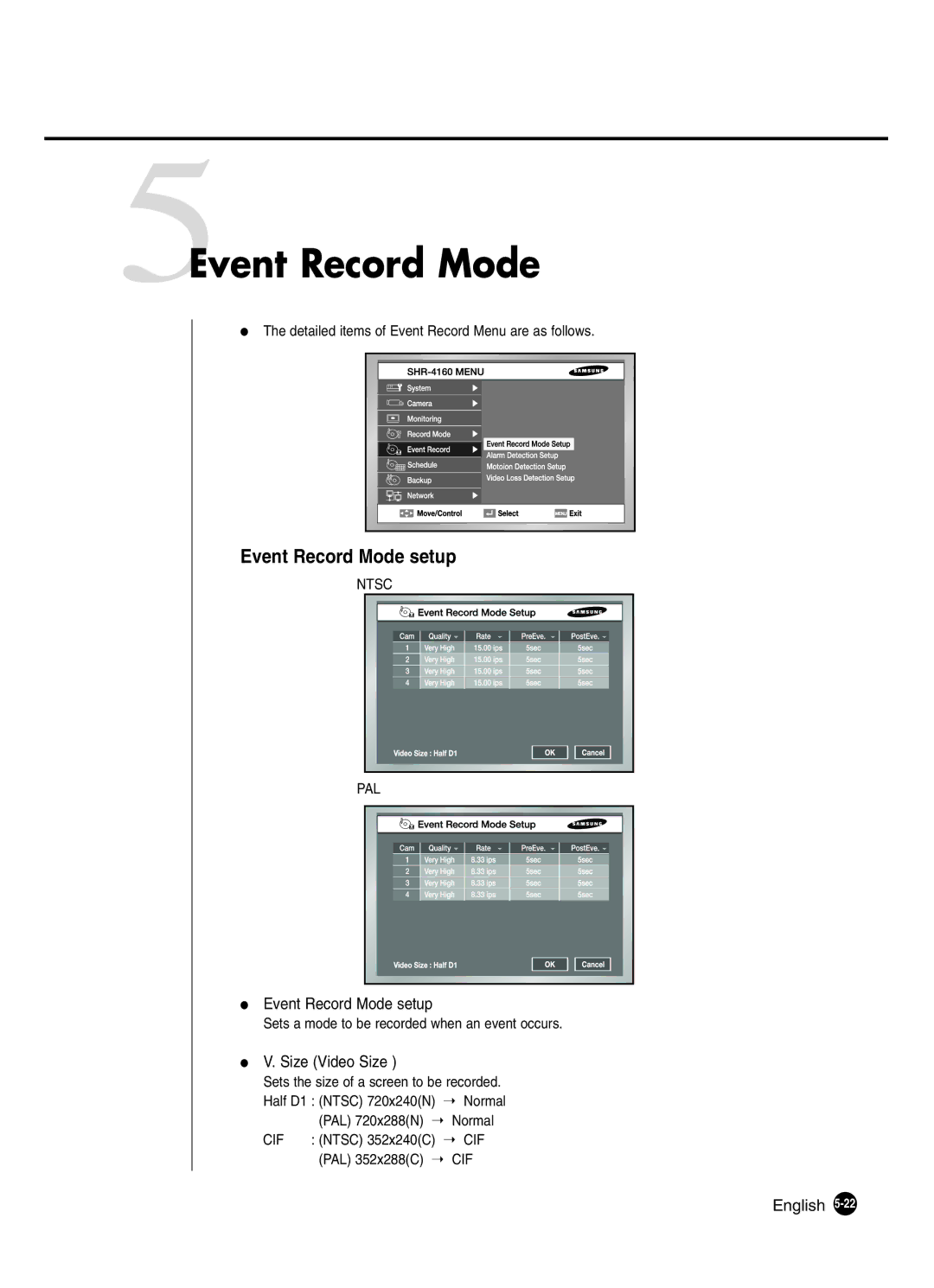 Samsung SHR-2041 user manual 5Event Record Mode, Event Record Mode setup, Size Video Size 