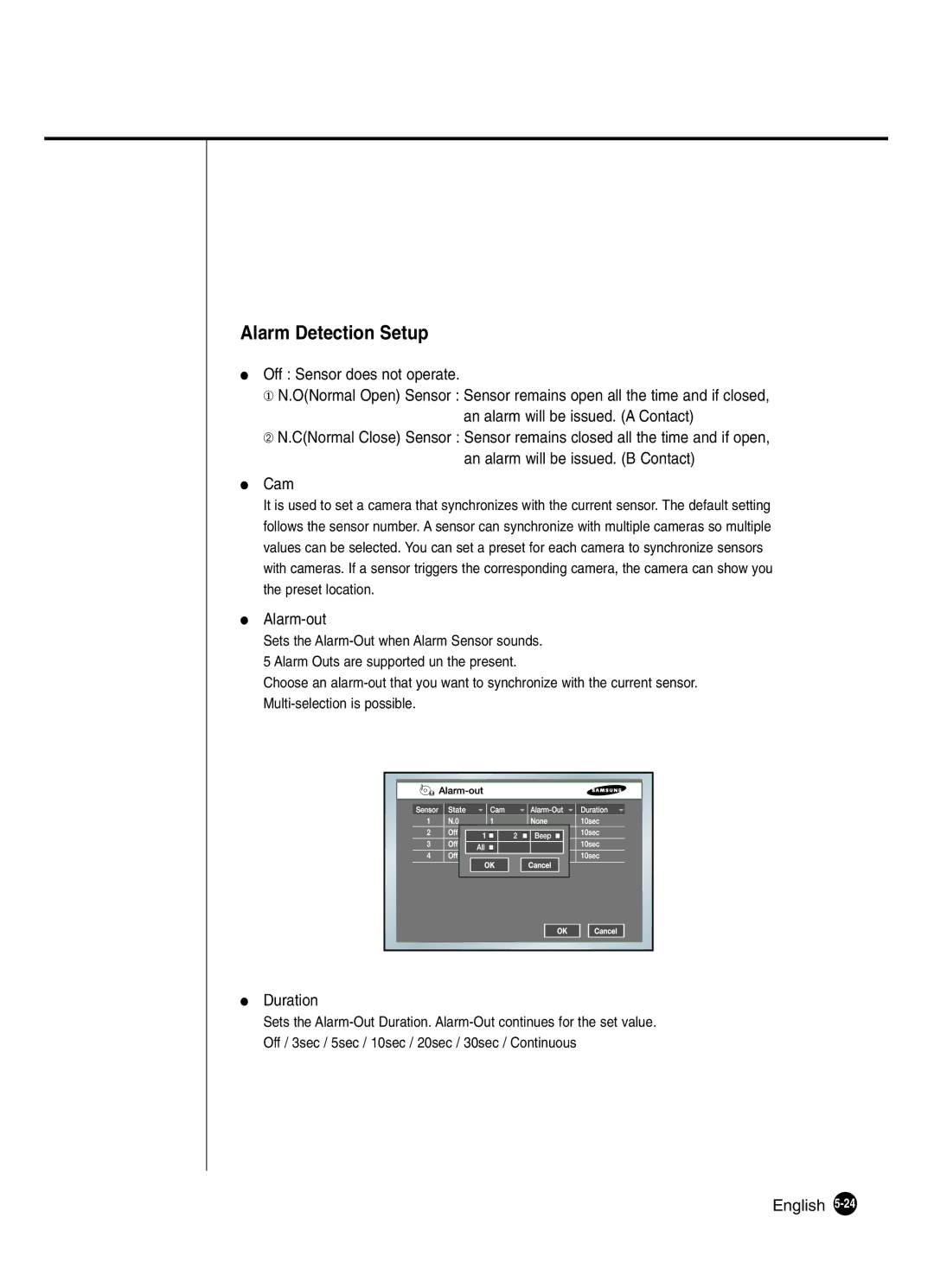 Samsung SHR-2041 user manual Alarm Detection Setup, Alarm-out, Duration 