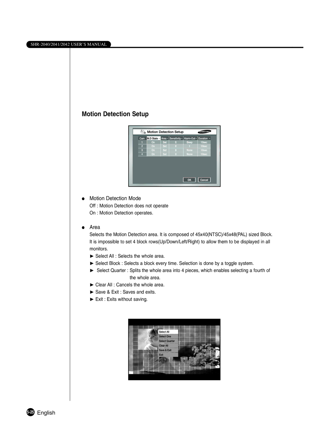 Samsung SHR-2041 user manual Motion Detection Setup, Motion Detection Mode, Area, 25English 