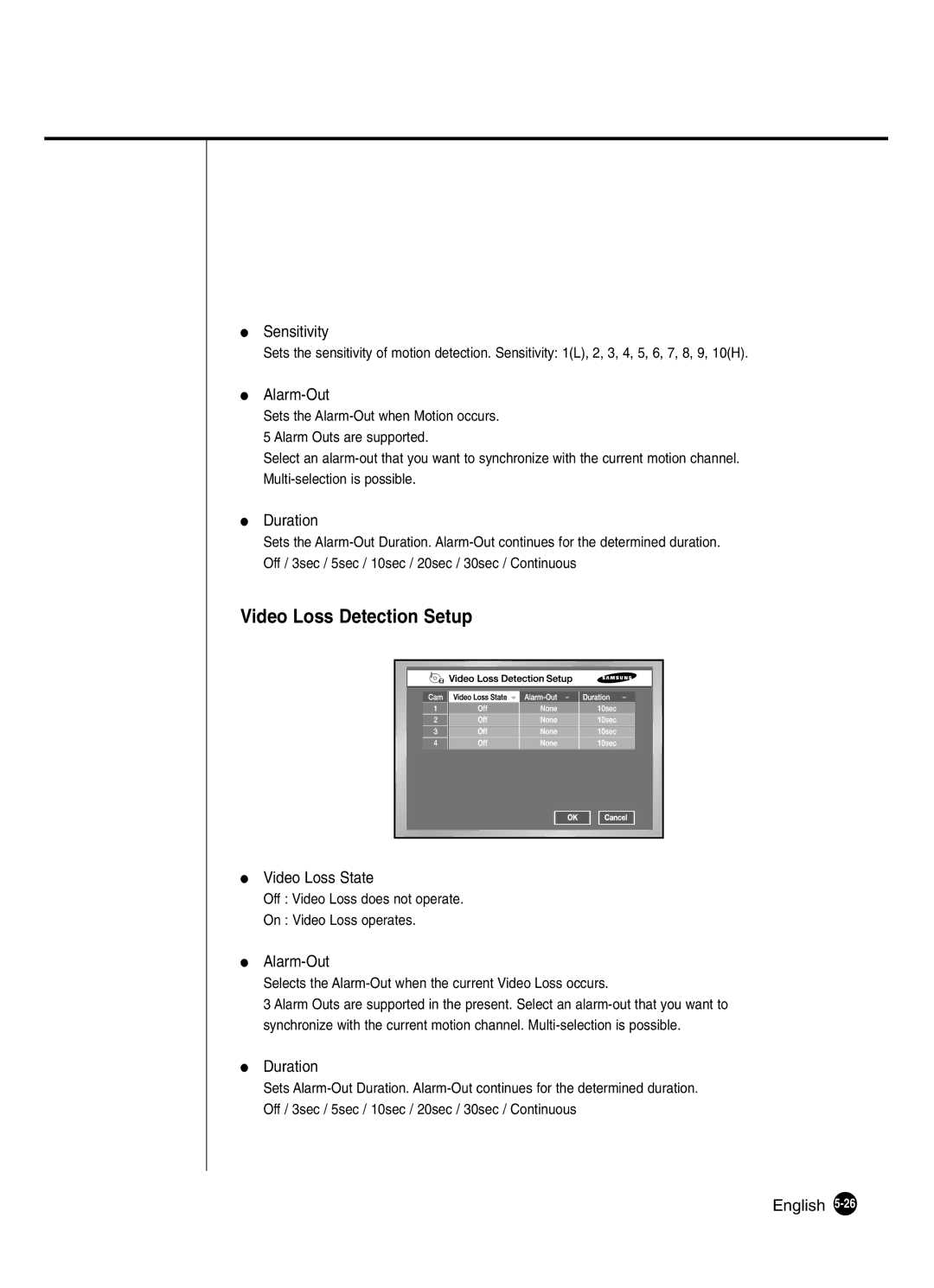 Samsung SHR-2041 user manual Video Loss Detection Setup, Sensitivity, Video Loss State 