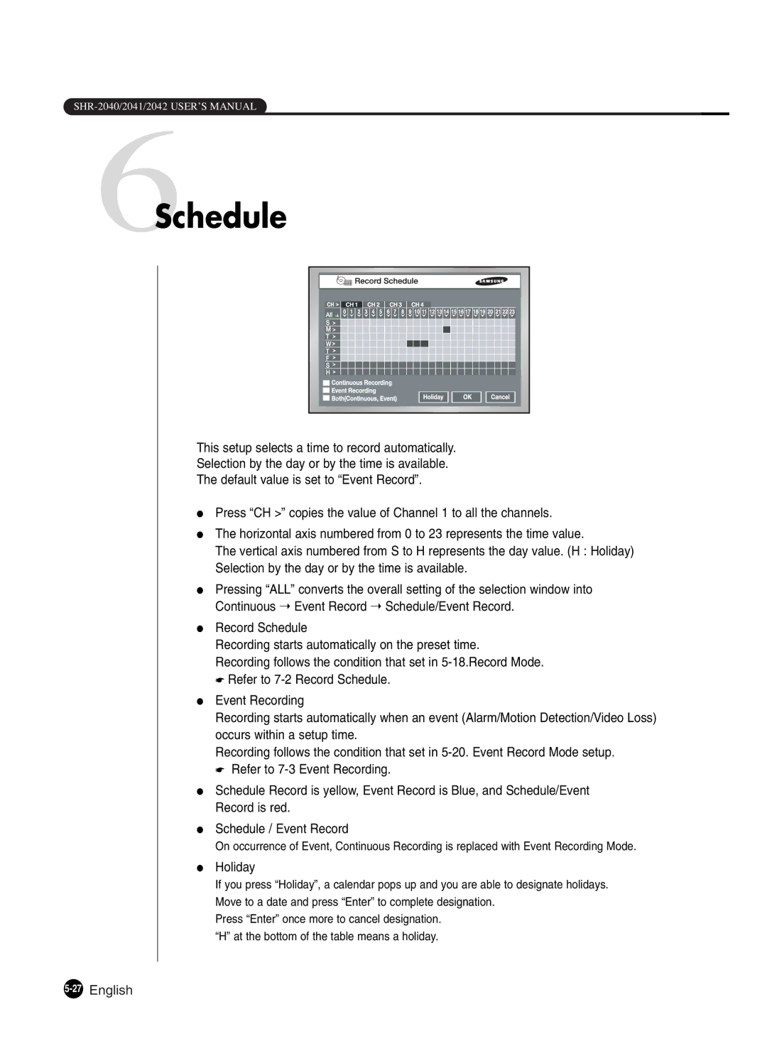 Samsung SHR-2041 user manual 6Schedule, Holiday, 27English 