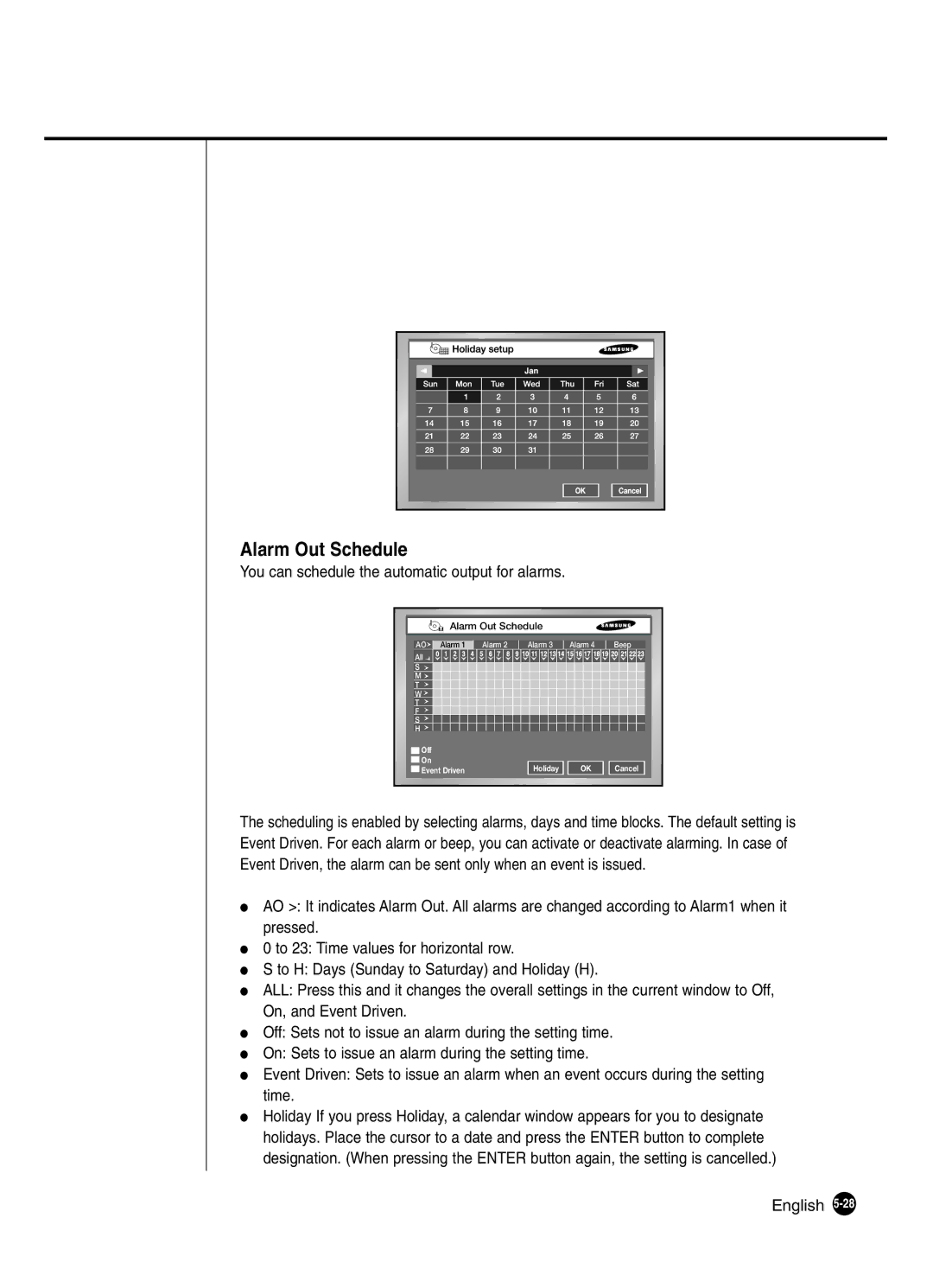 Samsung SHR-2041 user manual Alarm Out Schedule, You can schedule the automatic output for alarms 