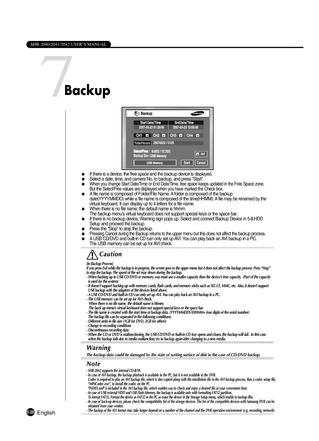 Samsung SHR-2041 user manual 7Backup, Backup Process 