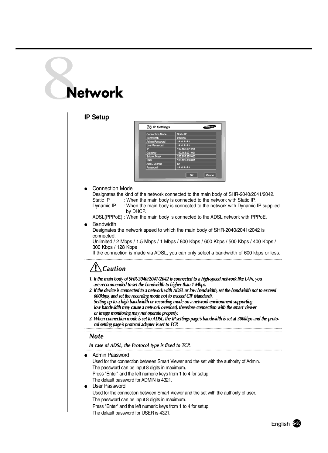 Samsung SHR-2041 user manual 8Network, IP Setup 