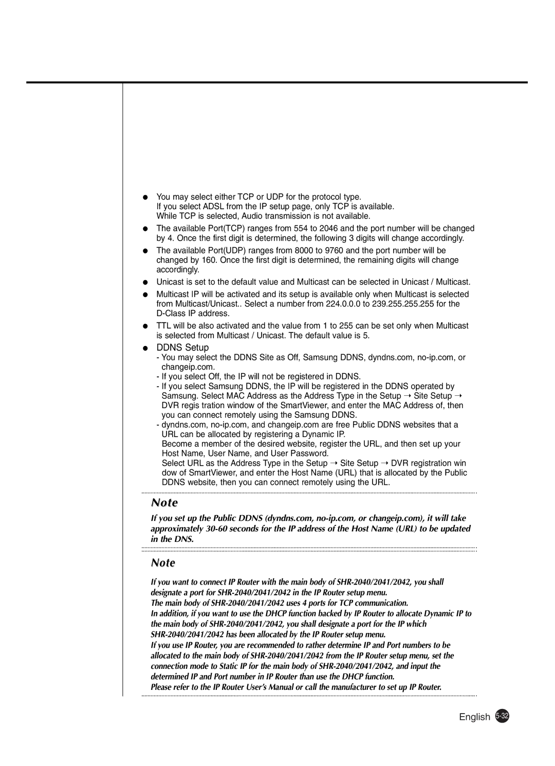 Samsung SHR-2041 user manual Ddns Setup, You may select either TCP or UDP for the protocol type 