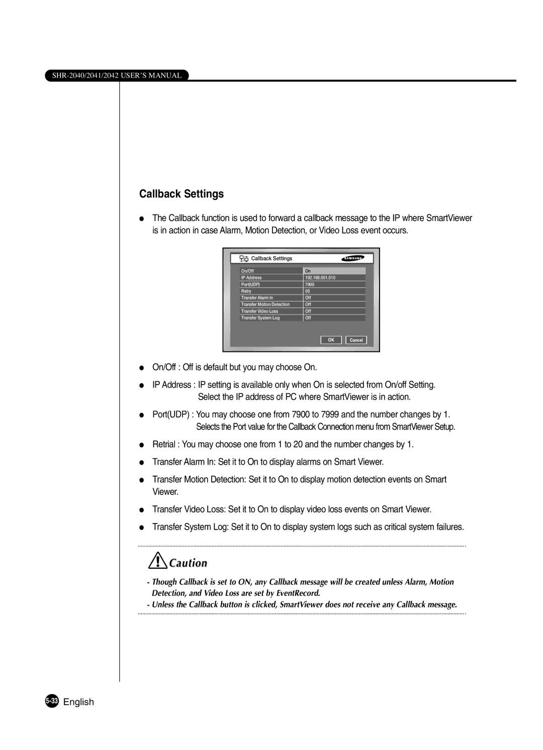 Samsung SHR-2041 user manual Callback Settings, On/Off Off is default but you may choose On, 33English 