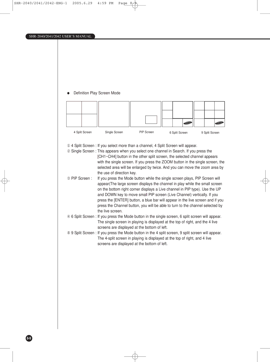 Samsung SHR-2042, SHR-2041, SHR-2040 user manual Definition Play Screen Mode 