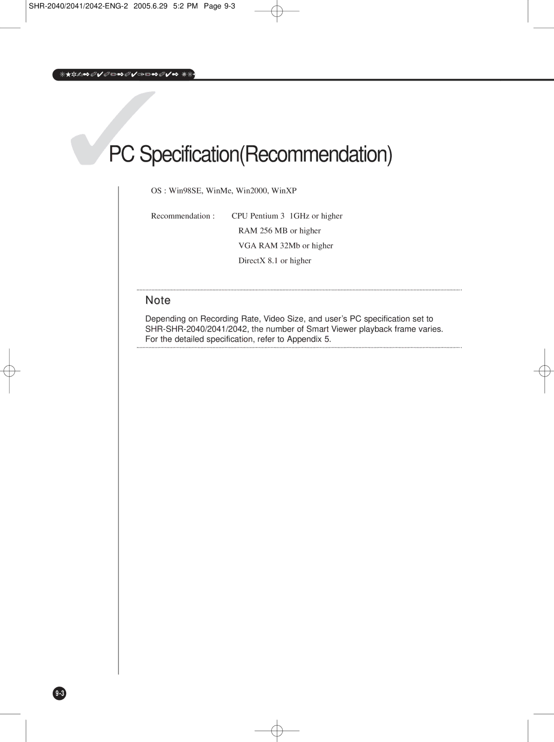 Samsung SHR-2042, SHR-2041, SHR-2040 user manual 3PC SpecificationRecommendation 