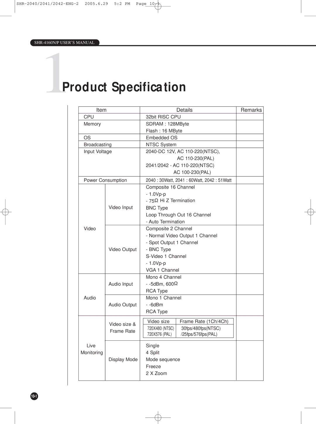 Samsung SHR-2041, SHR-2042, SHR-2040 user manual 1Product Specification, Details Remarks 