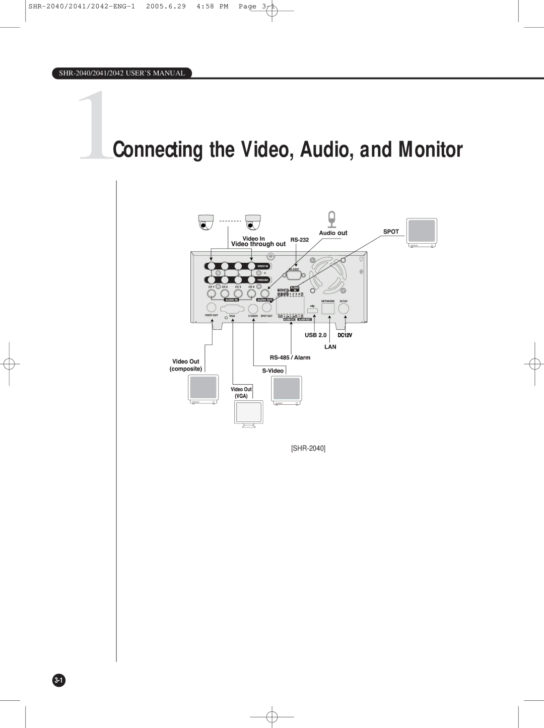 Samsung SHR-2040, SHR-2042, SHR-2041 user manual 1Connecting the Video, Audio, and Monitor 