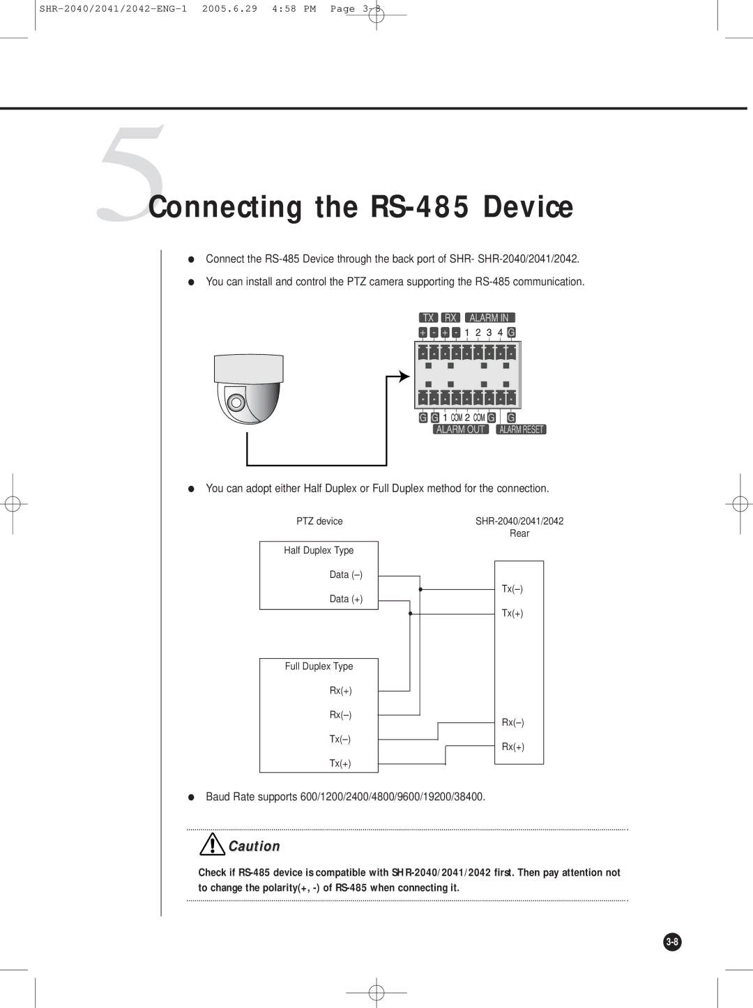 Samsung SHR-2042, SHR-2041, SHR-2040 user manual 5Connecting the RS-485 Device 