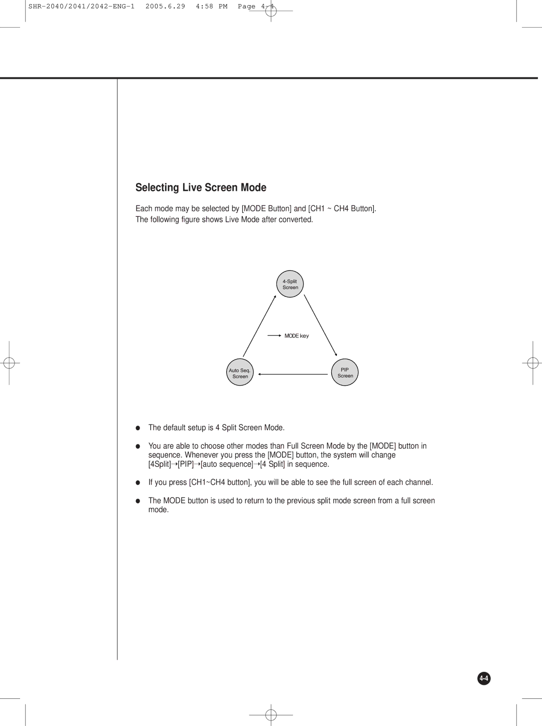 Samsung SHR-2042, SHR-2041, SHR-2040 user manual Selecting Live Screen Mode 