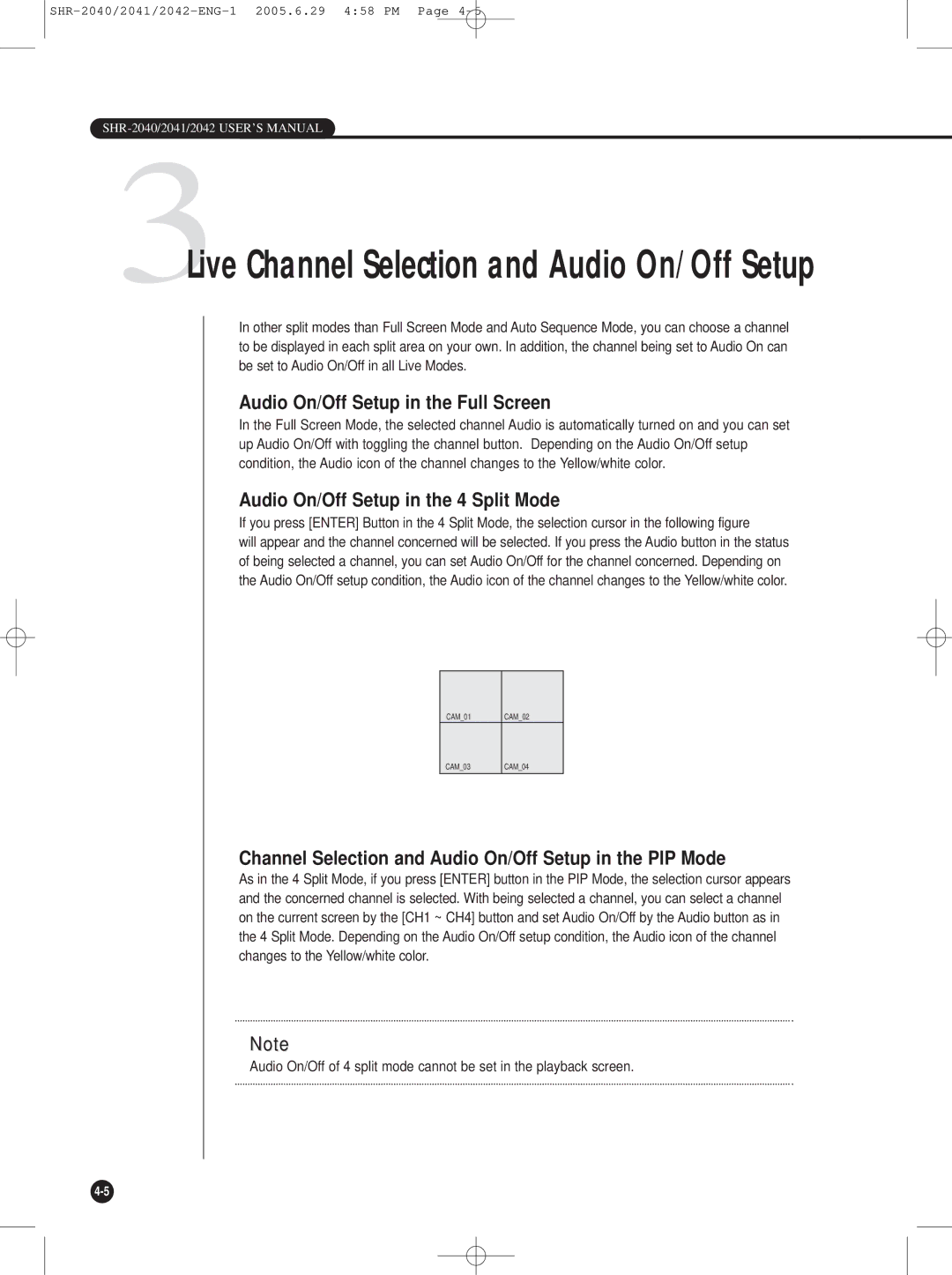 Samsung SHR-2041, SHR-2042, SHR-2040 Audio On/Off Setup in the Full Screen, Audio On/Off Setup in the 4 Split Mode 