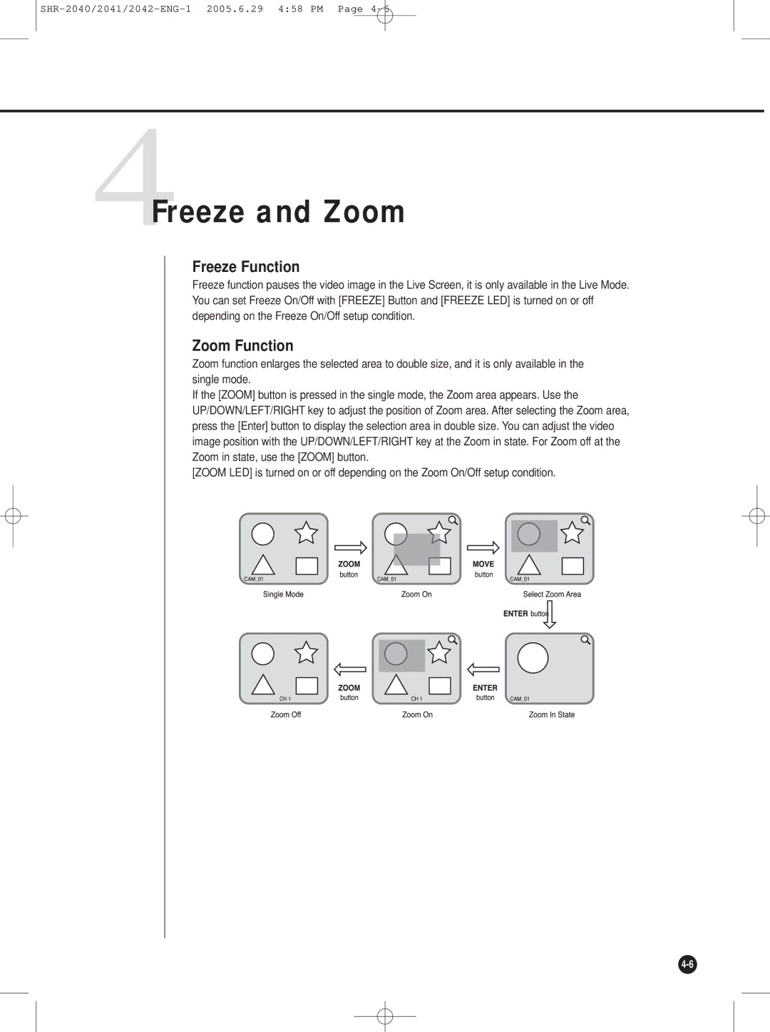 Samsung SHR-2040, SHR-2042, SHR-2041 user manual 4Freeze and Zoom, Freeze Function, Zoom Function 