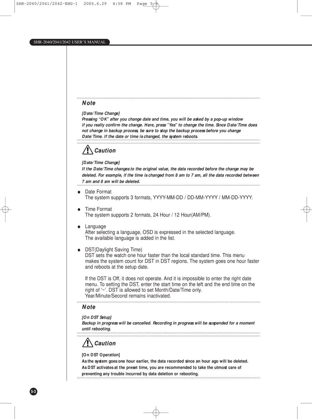 Samsung SHR-2042, SHR-2041, SHR-2040 user manual On DST Operation 