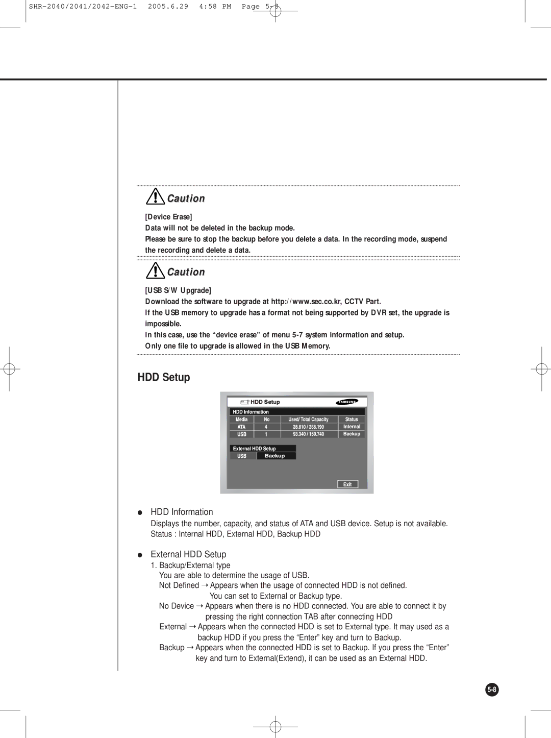 Samsung SHR-2040, SHR-2042, SHR-2041 user manual HDD Information, External HDD Setup 