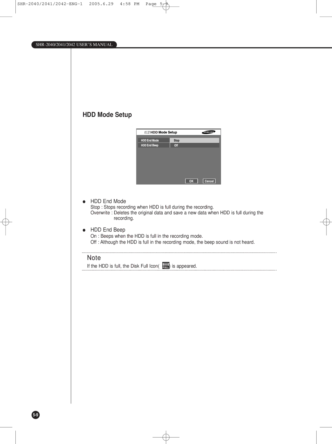 Samsung SHR-2042, SHR-2041, SHR-2040 user manual HDD Mode Setup, HDD End Mode, HDD End Beep 